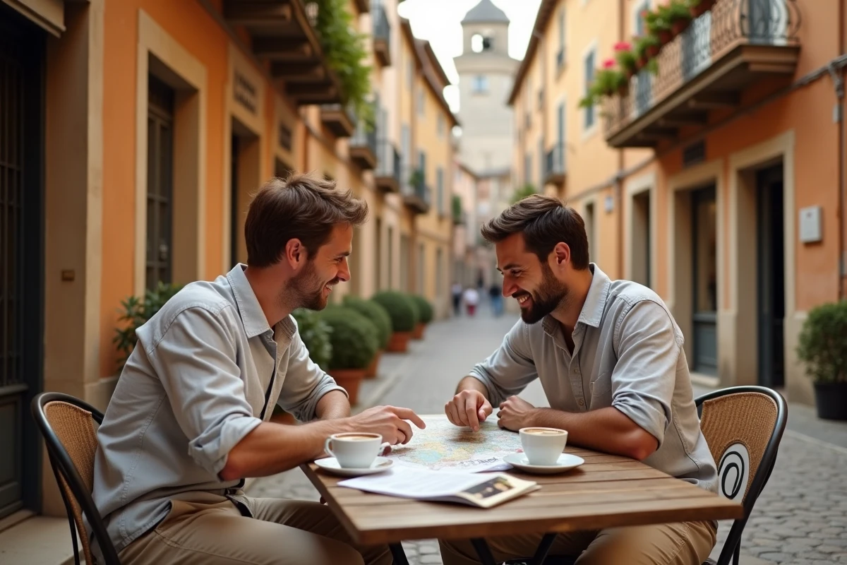 Couple planifiant leur week-end à Aix-en-Provence autour d'un café en terrasse dans le vieil Aix