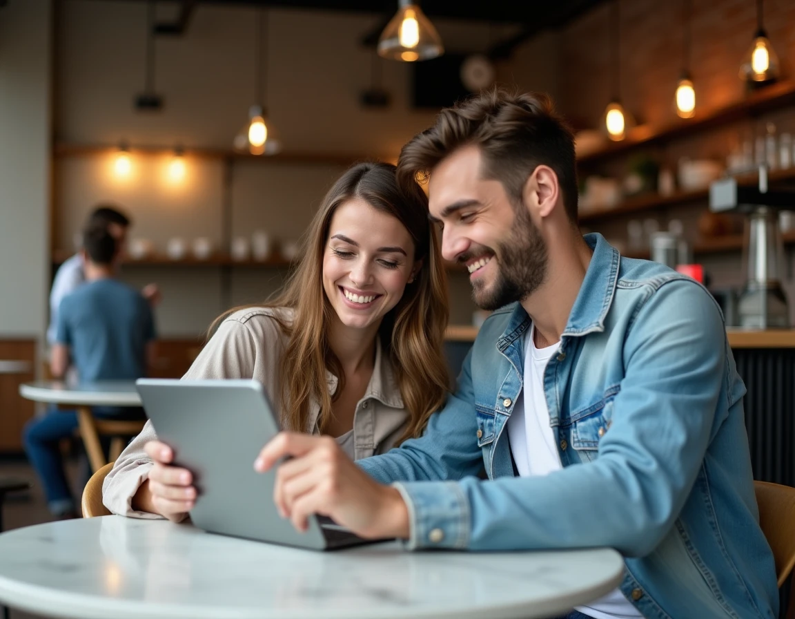 Couple planifiant un voyage en comparant des vols sur Google Flights dans un café