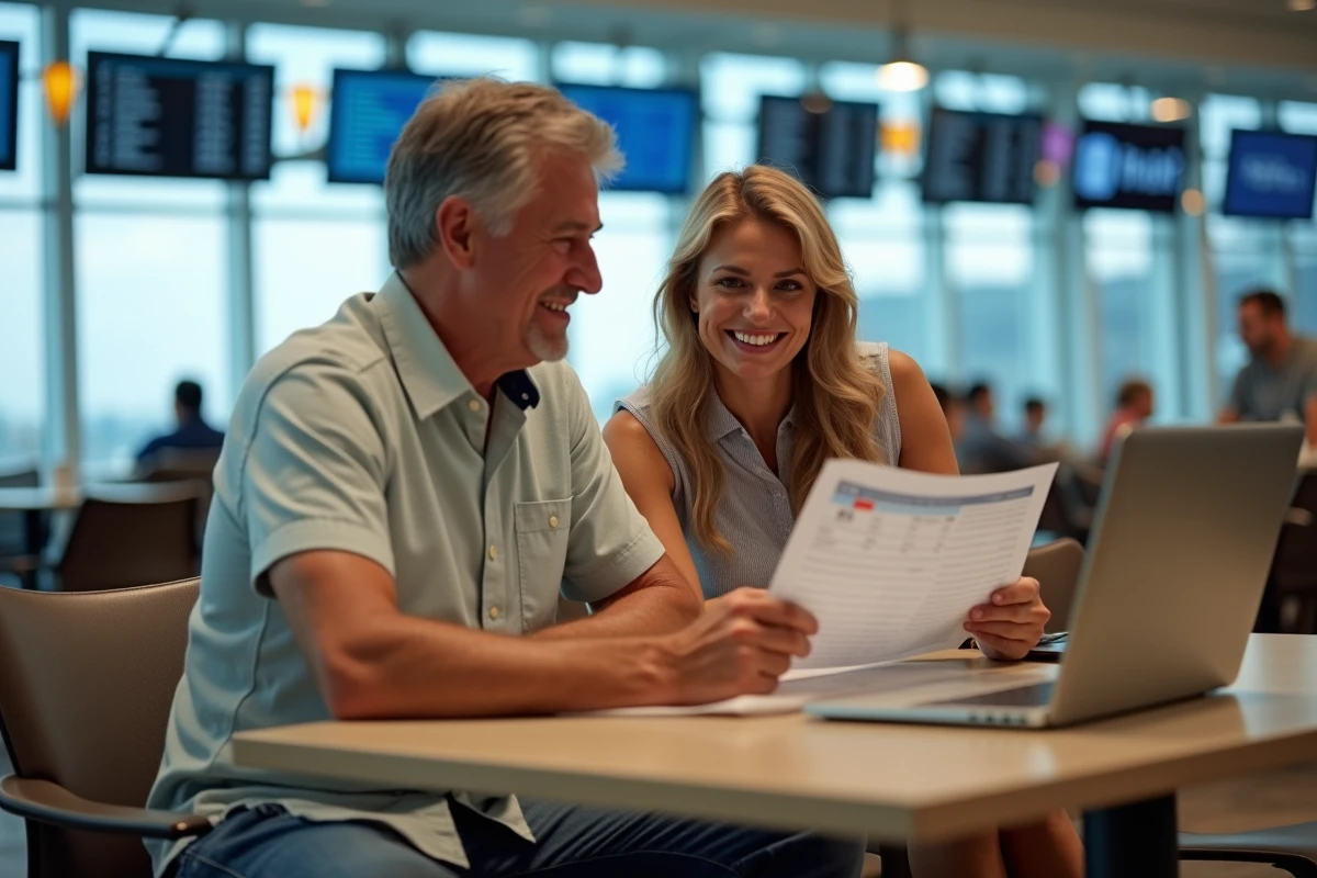 Couple planifiant leur voyage Lyon - République Dominicaine dans un salon d'aéroport avant le départ