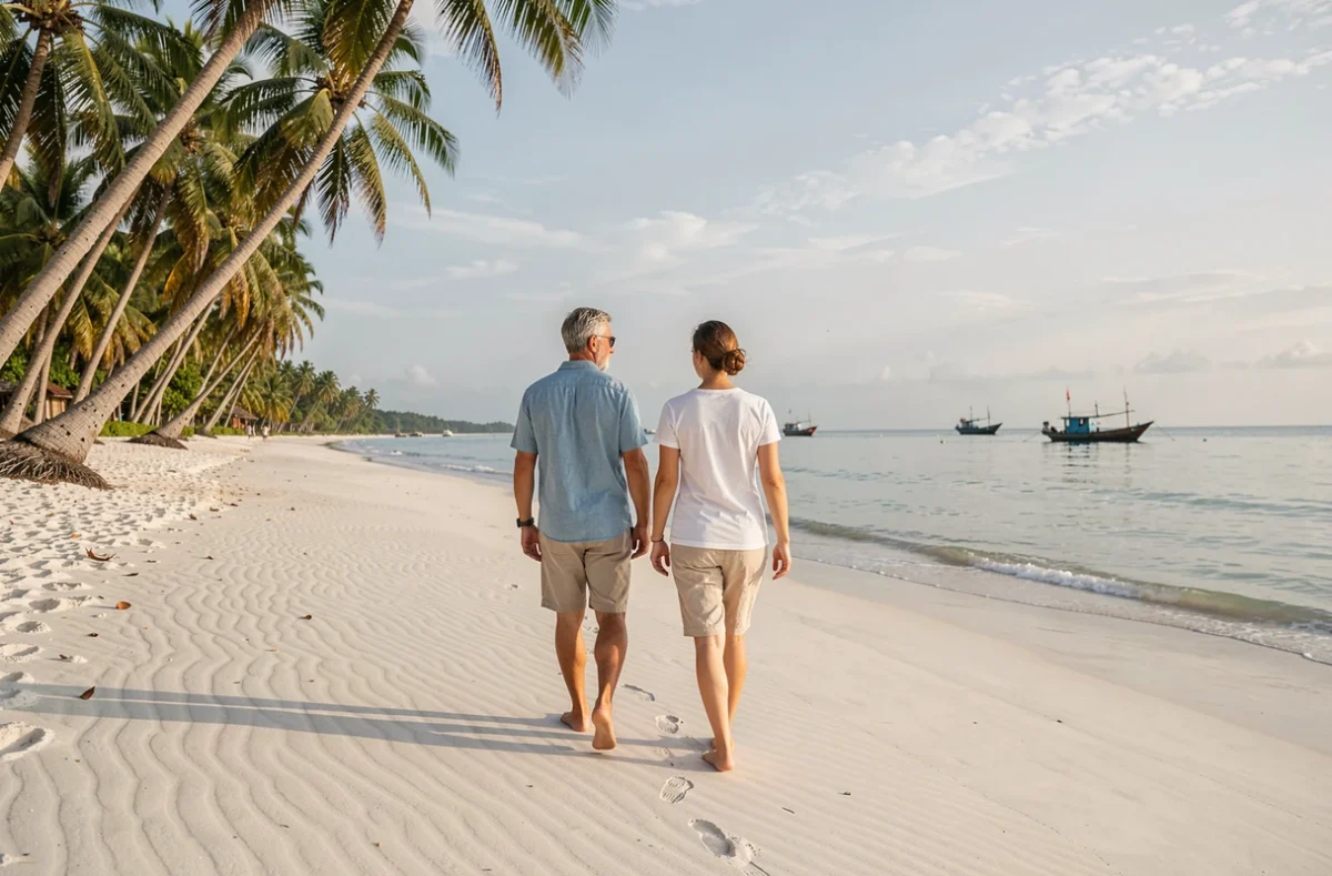 Couple se promenant pieds nus sur une plage tropicale déserte en septembre, mer calme et palmiers en décor