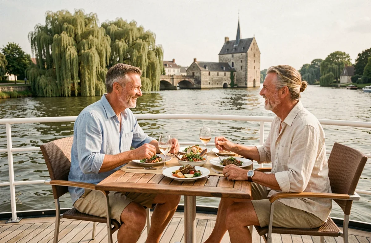 Couple savourant un repas gastronomique en terrasse lors d'une croisière romantique sur la Charente