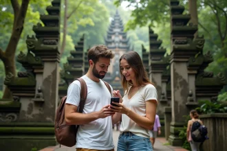 Jeune couple vérifiant leur réservation au Bali Monkey Forest