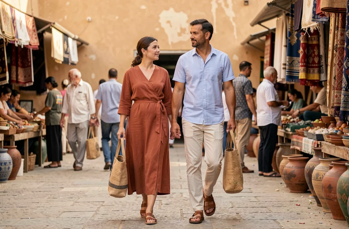 Couple habillé en tenues légères de voyage explorant un marché égyptien au bord du Nil lors d'une escale de croisière