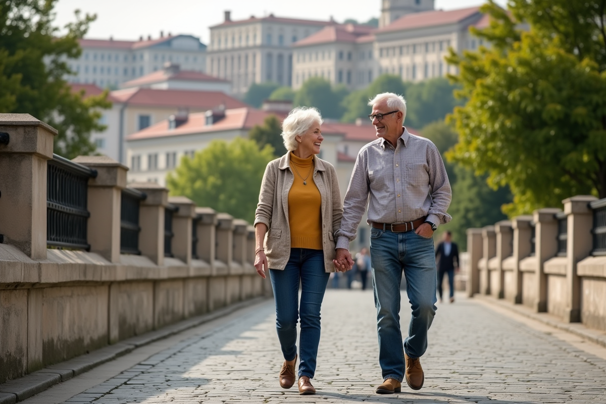 Couple âgé marchant dans Budapest avec vue sur les thermes