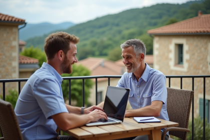 Couple souriant sur un balcon avec vue village en vacances