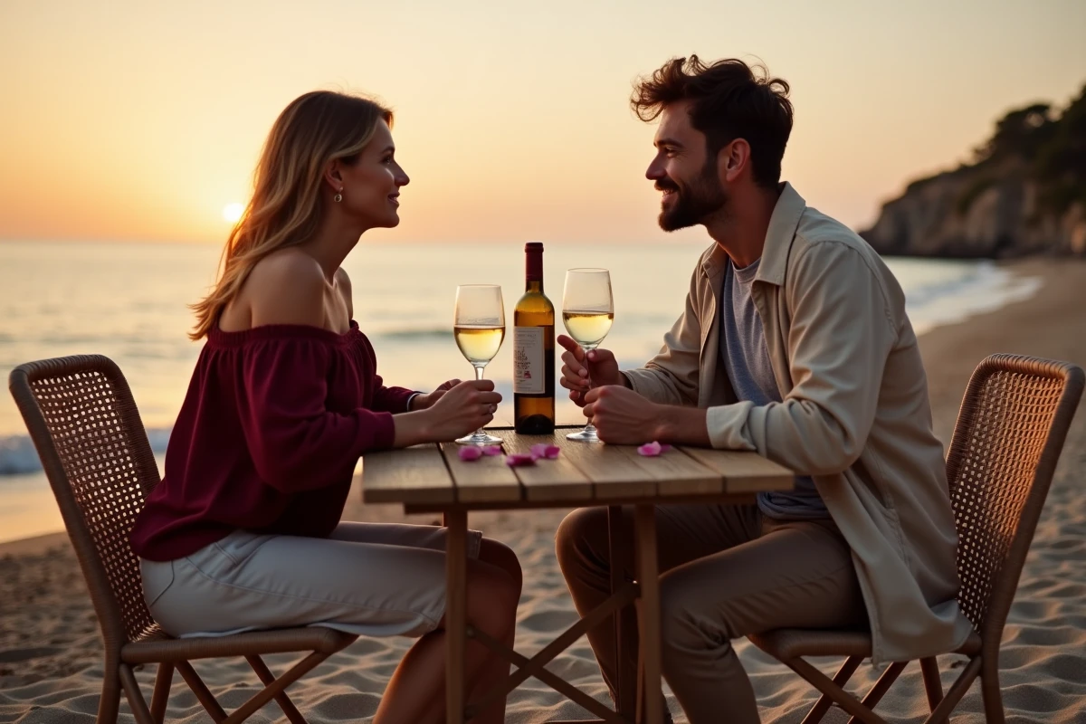 Couple partageant un verre de vin blanc sur la plage de Marina di Pise au crépuscule, ambiance romantique avec coucher de soleil doré et pétales de rose sur le sable