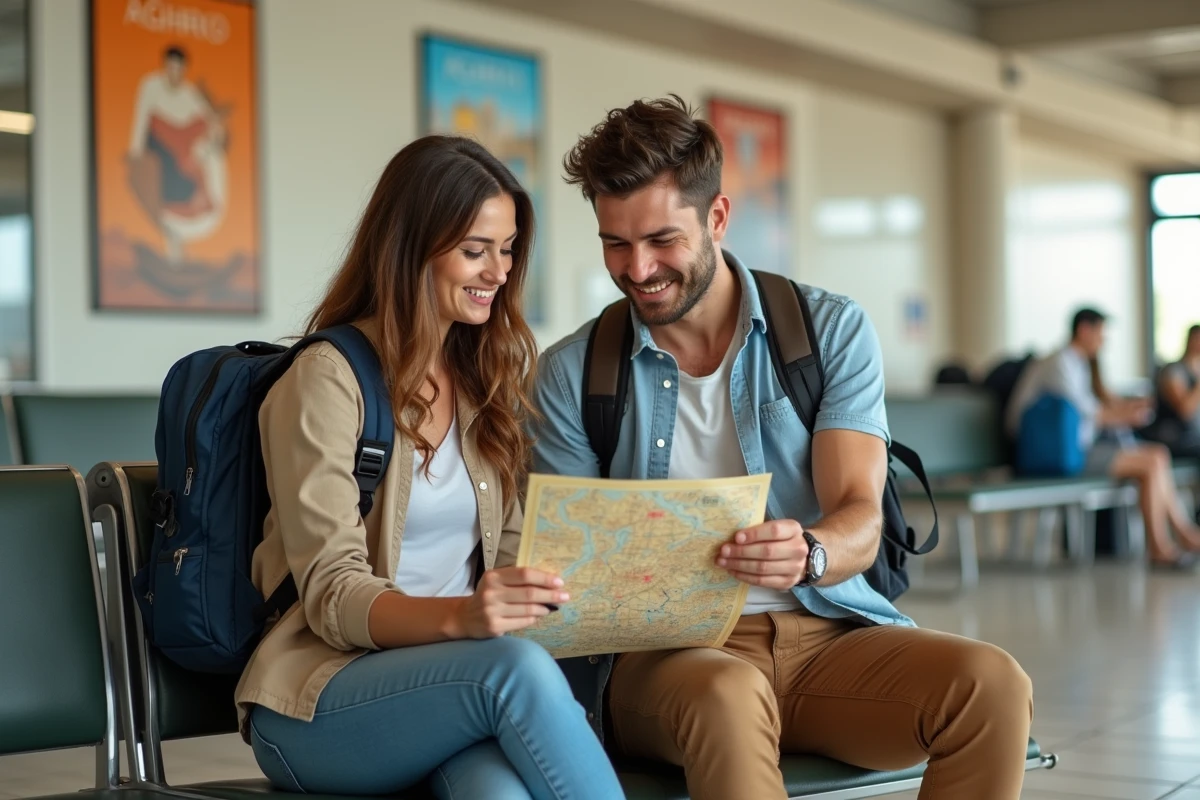 Couple de voyageurs consultant une carte d'Agadir dans la zone de récupération des bagages de l'aéroport Al Massira