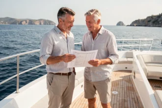 Couple élégant consultant un itinéraire sur le pont avant d'un yacht privé en Méditerranée