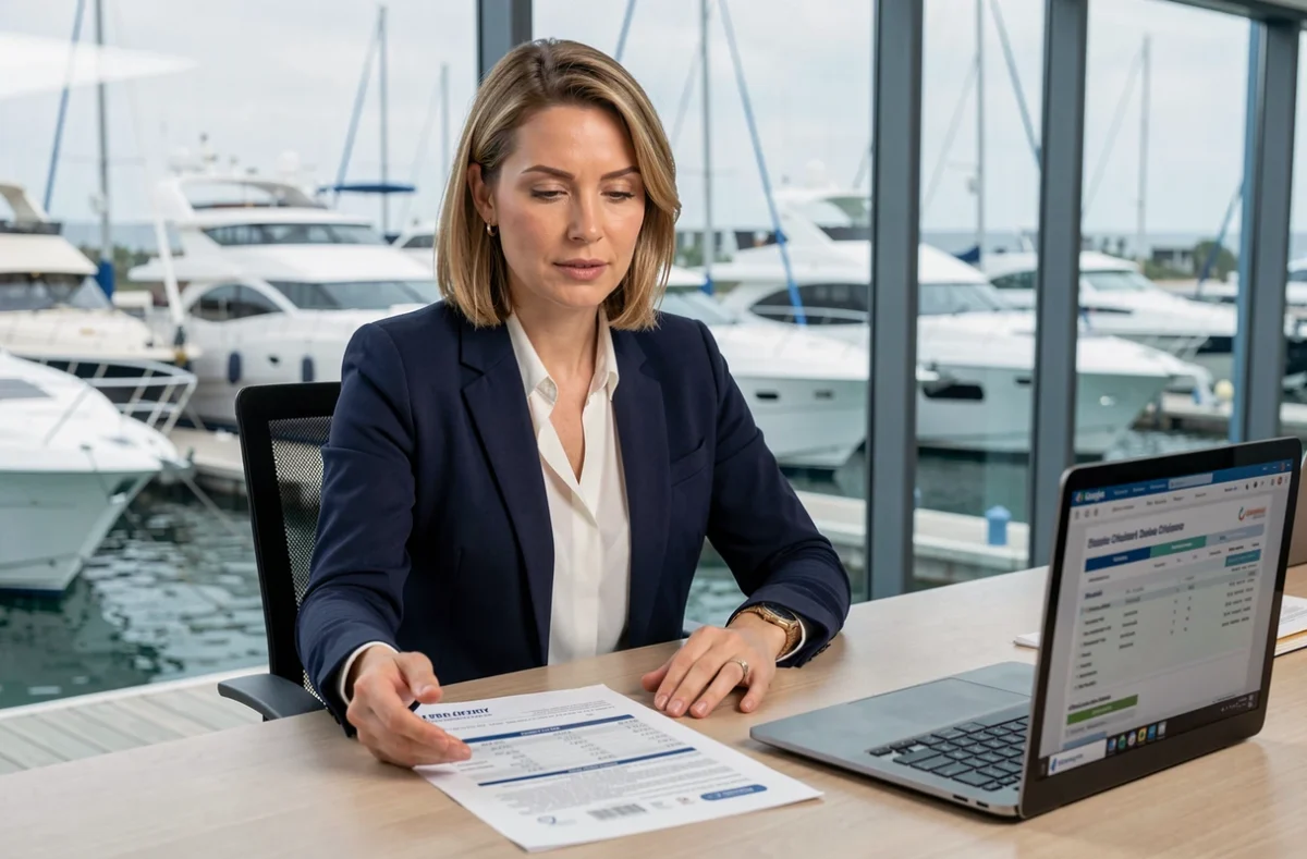 Courtière en croisières privées présentant un budget et des options de charte dans un bureau face à un port de plaisance