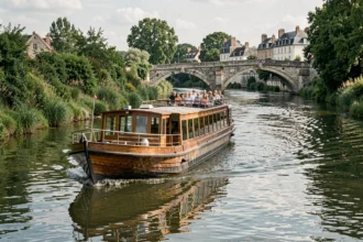 Croisière en bateau sur la Charente avec vue sur les berges verdoyantes et l'architecture charentaise