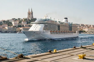 Bateau de croisière quittant le port de Marseille avec la basilique Notre-Dame de la Garde en arrière-plan