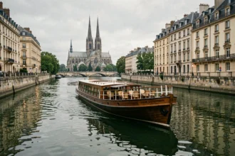 Bateau de croisière naviguant sur la Seine à Rouen avec la cathédrale gothique en arrière-plan