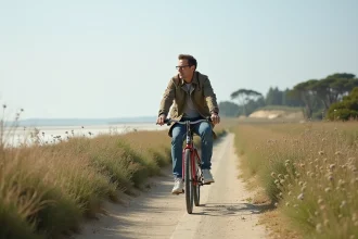 Homme à vélo vintage sur la côte d'Île de Ré
