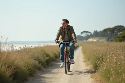 Homme à vélo vintage sur la côte d'Île de Ré