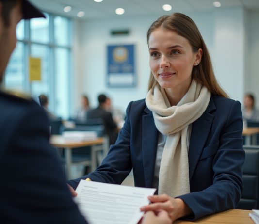Jeune femme remettant une demande de passeport au bureau