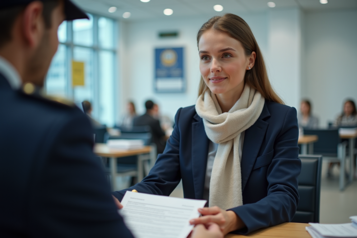 demande-passeport-femme-bureau Jeune femme remettant une demande de passeport au bureau