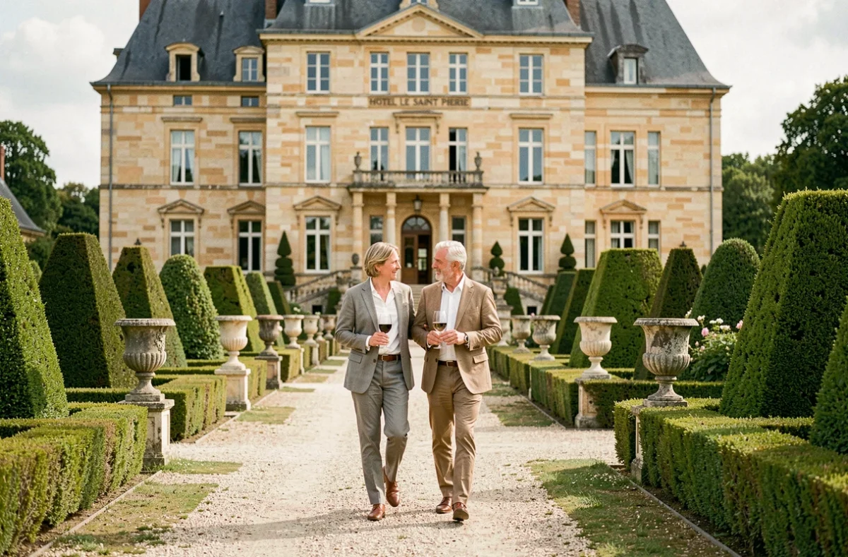 Manoir en pierre du Demeures et Châteaux Hôtel le Saint Pierre avec jardin formel et couple élégant