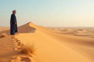 Homme berbère en djellaba indigo au sommet d'une dune de sable dorée dans le désert de Merzouga au Maroc