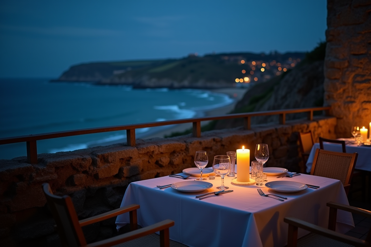Diner aux chandelles sur un balcon avec vue sur la côte bretonne