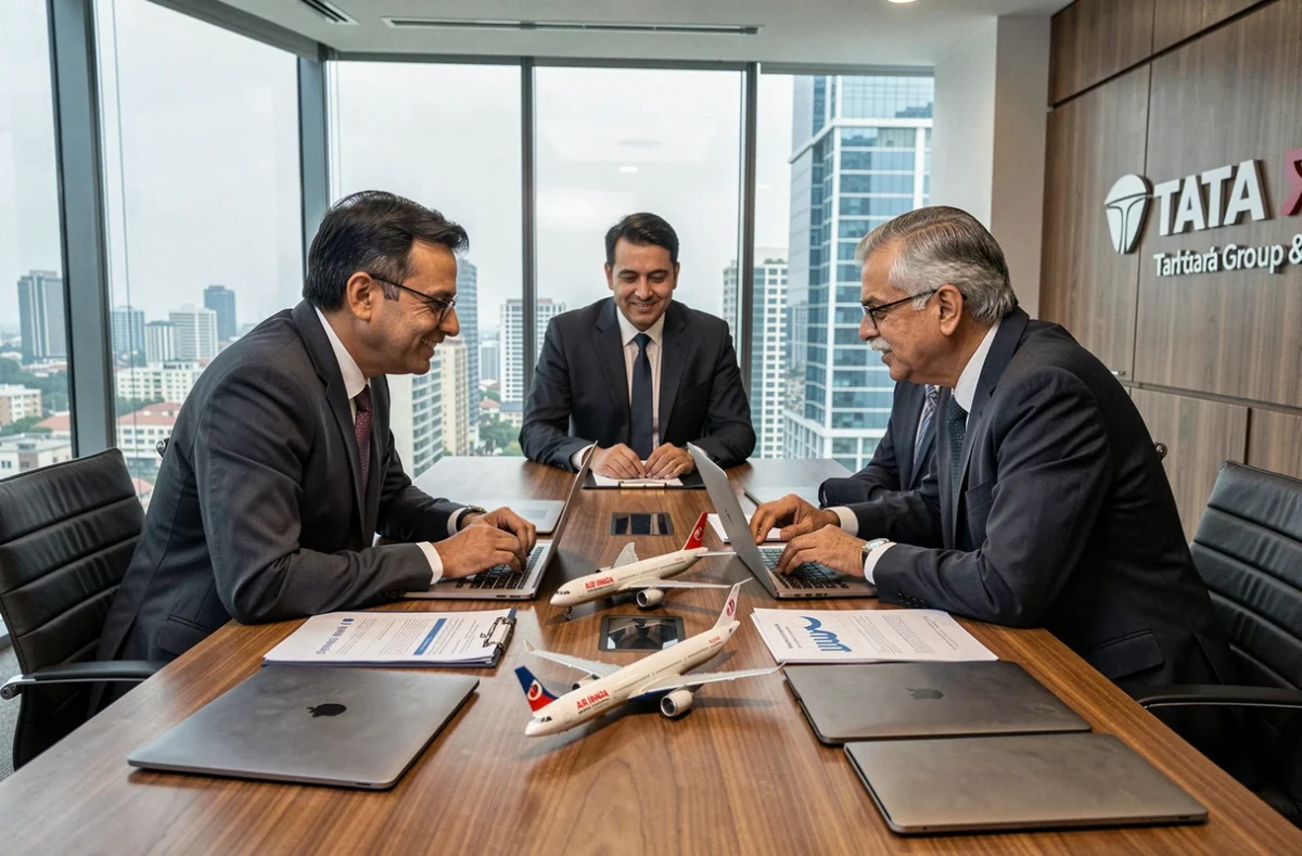Dirigeants du groupe Tata en réunion stratégique autour d'une table de conférence avec des documents et une maquette Air India