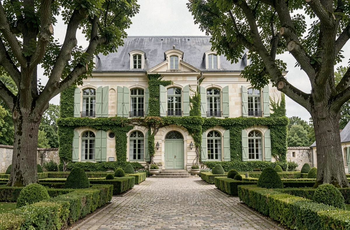 Façade en pierre du Domaine de Fontaine Chatel entourée de jardins formels et d'arbres centenaires en Normandie