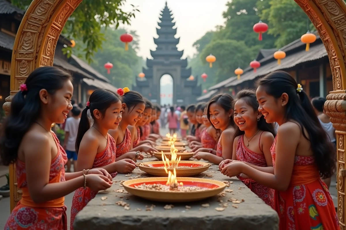 Enfants balinais souriants lors de la fête de Galungan devant un autel