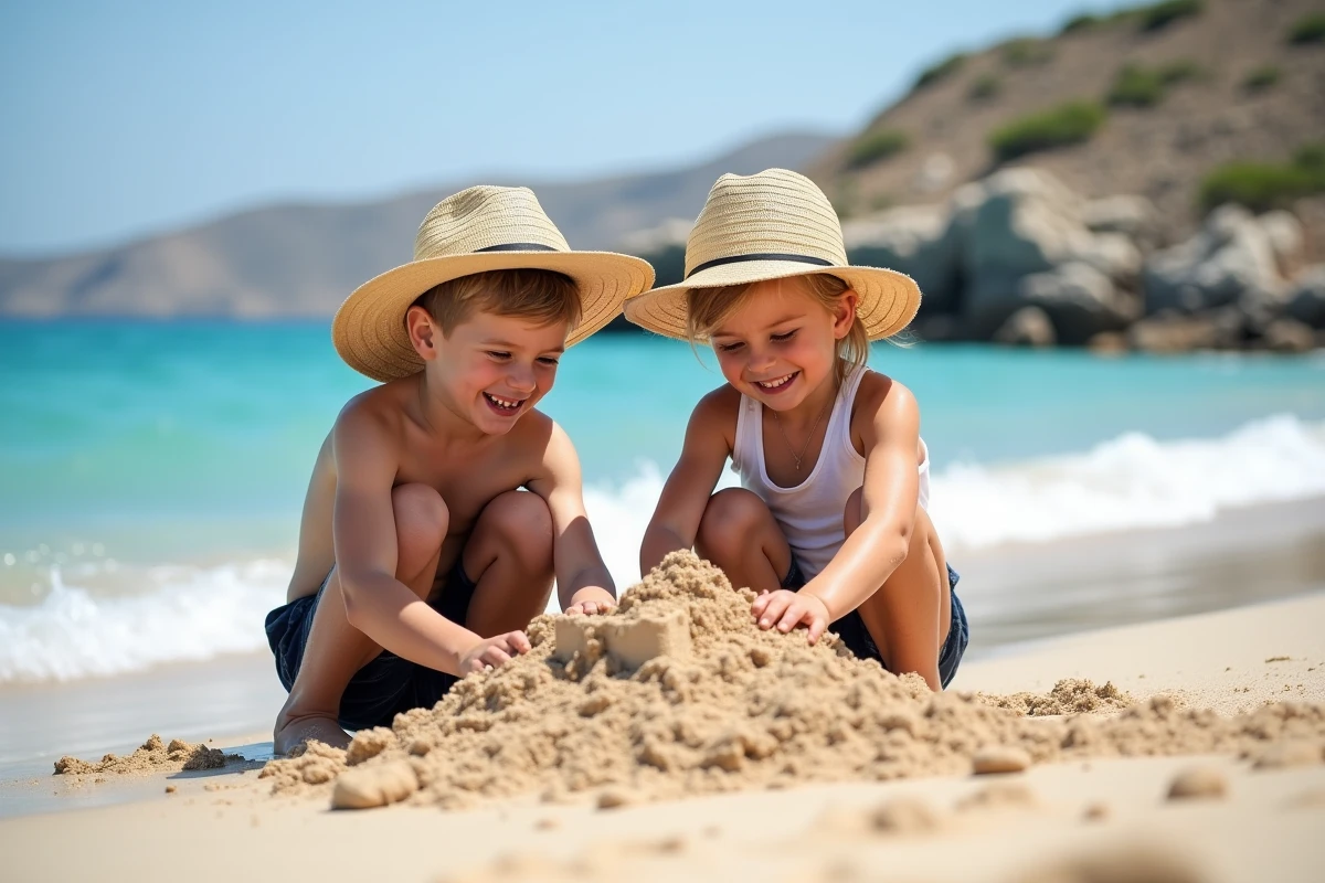 Enfants construisant un chateau de sable sur la plage