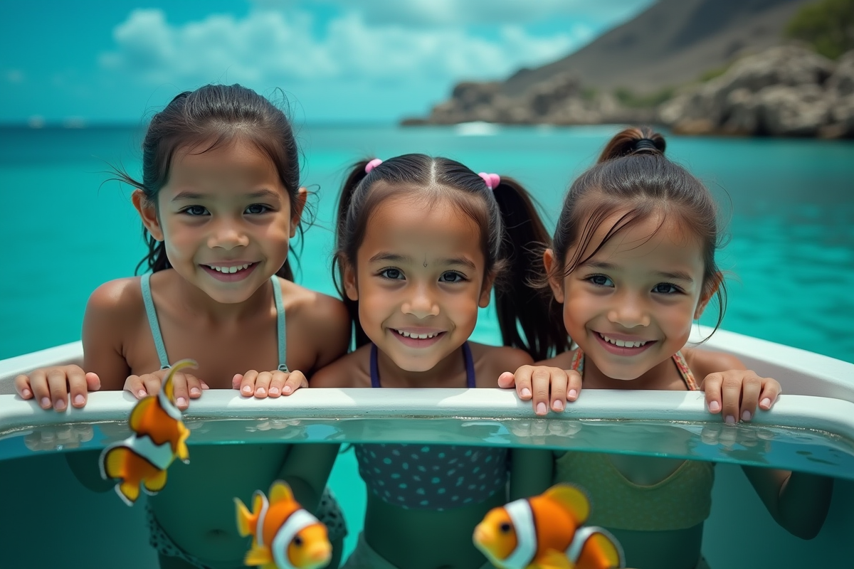 Enfants regardant à travers un bateau à fond de verre à la Réunion