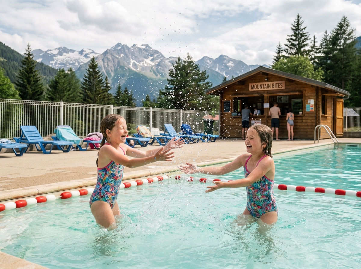 Enfants jouant dans la piscine d'un camping familial près de Serre-Ponçon avec vue sur les Alpes