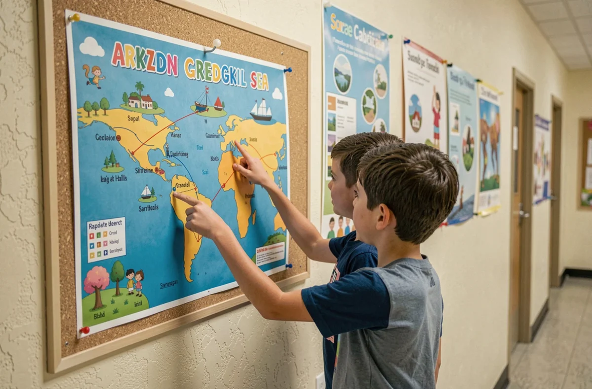 Deux enfants observant un poster de la mer des Caraïbes affiché dans un couloir scolaire avec des îles illustrées et des noms de pays
