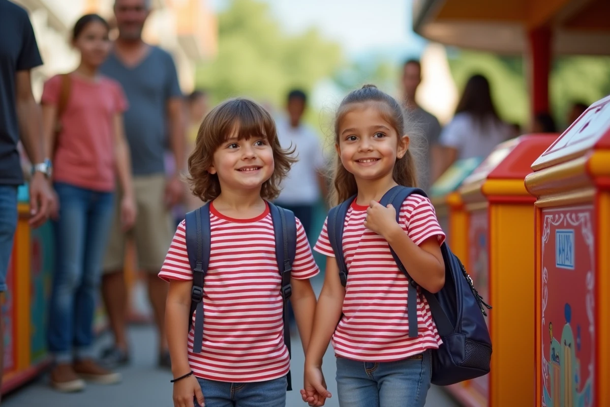 Deux jeunes enfants faisant la queue pour un manège dans un parc d'attractions espagnol
