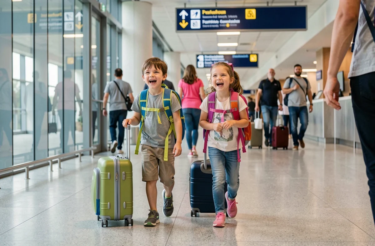 Deux enfants tirant leur valise cabine dans un couloir d'aéroport lors d'un voyage en famille