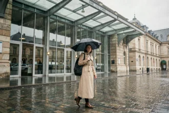 Femme avec parapluie devant l'entrée principale de la Gare Lille Flandres sous la pluie