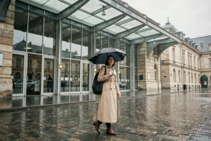 Femme avec parapluie devant l'entrée principale de la Gare Lille Flandres sous la pluie