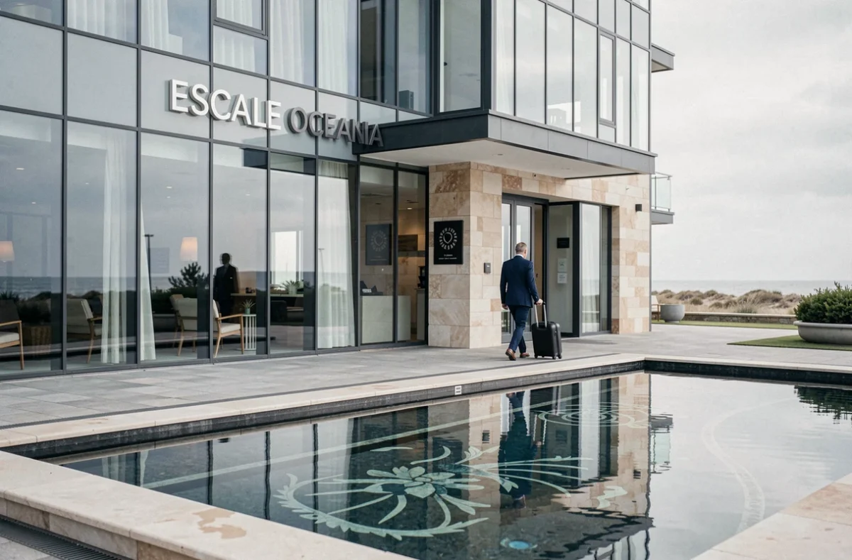Façade contemporaine de l'Escale Oceania Pornichet La Baule avec reflet dans le bassin ornamental