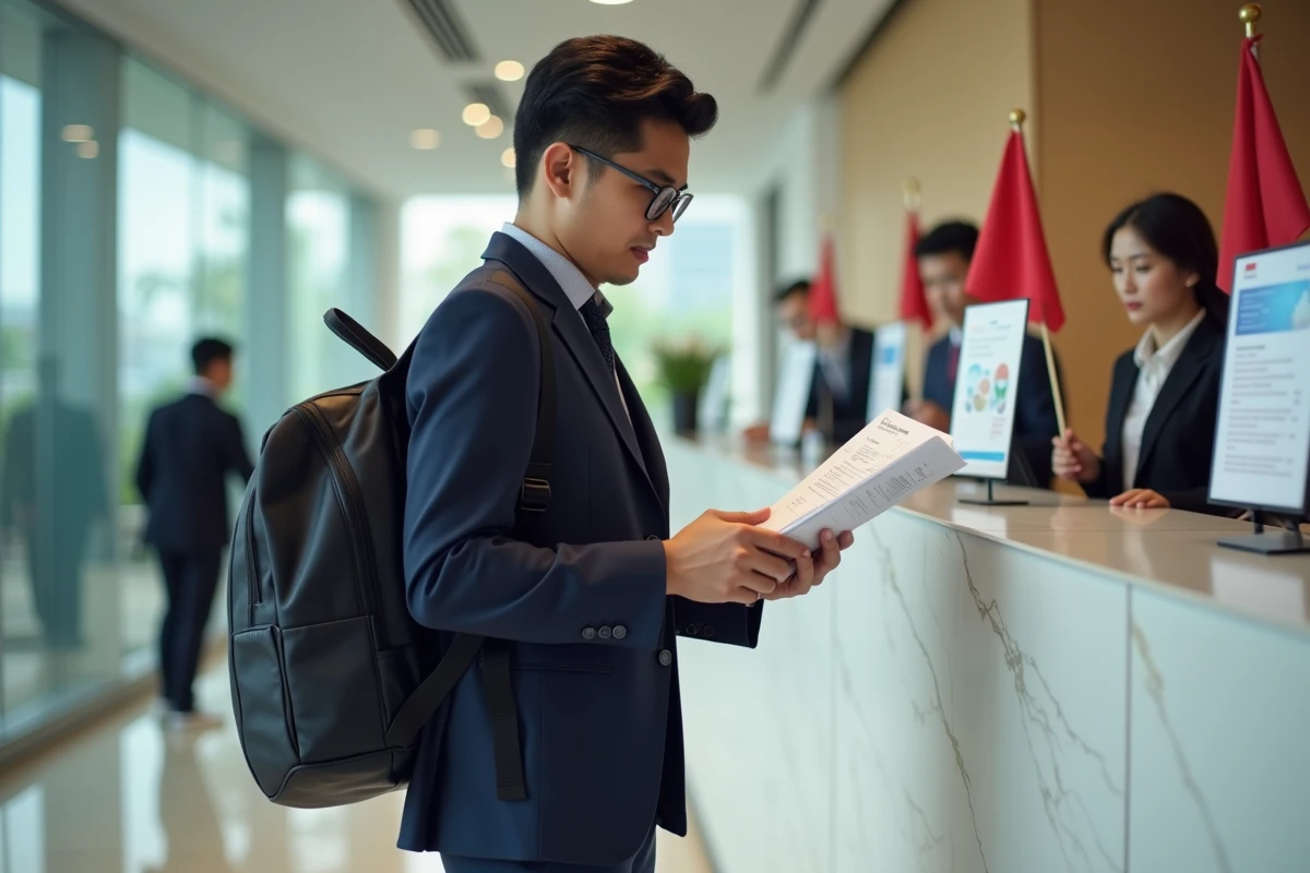 Un étudiant indonésien consulte les informations sur le visa étudiant au comptoir d'accueil de l'ambassade d'Indonésie
