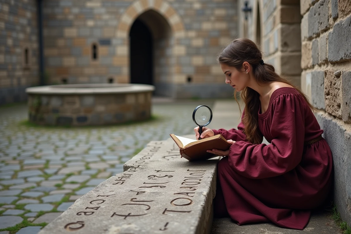 Jeune femme en robe médiévale explorant les inscriptions d'une cour intérieure de château fort
