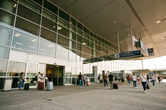 Façade extérieure du terminal TUI Fly à l'aéroport d'Orly avec voyageurs et entrée principale