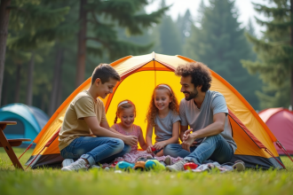 Famille jeune installant une tente en camping d'été