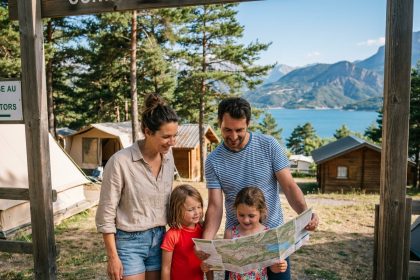 Famille avec enfants à l'entrée d'un camping près du lac de Serre-Ponçon, consultant le plan du site en été