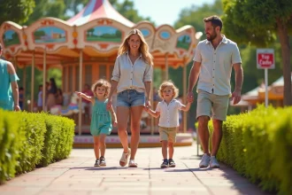 Famille avec jeunes enfants se promenant dans un parc d'attractions en Espagne par temps ensoleillé