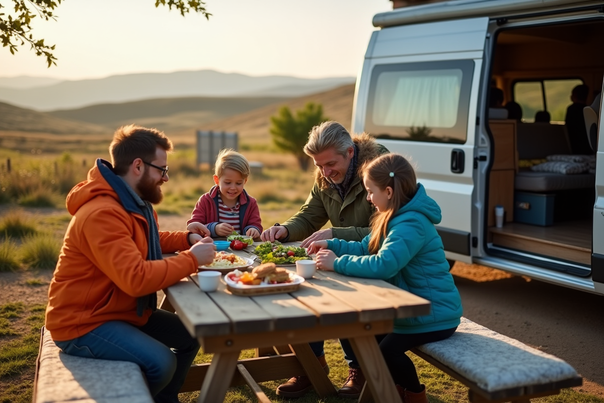 Famille au pique-nique avec repas sain en plein air