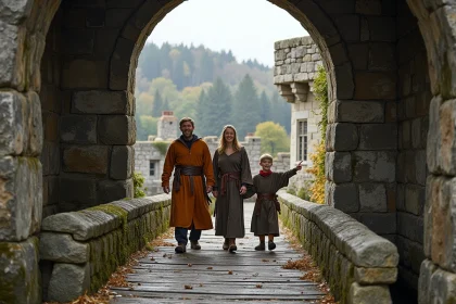 Famille en costume médiéval traversant le pont-levis d'un château fort français en automne