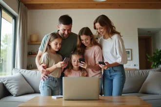 Famille de quatre en vacances regardant un ordinateur