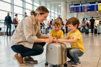 Mère aidant ses enfants à fermer une valise cabine légère dans un aéroport animé