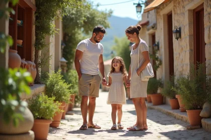 Famille souriante dans un village crétois avec poteries