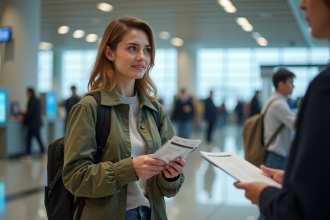 Femme à l'aéroport tenant une photocopie d'ID