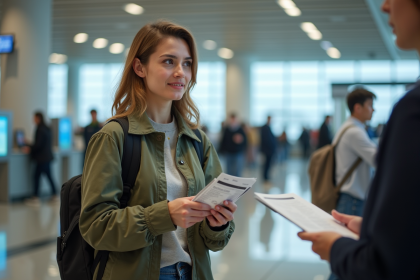 Femme à l'aéroport tenant une photocopie d'ID