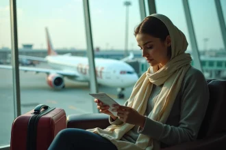 Jeune femme détendue à l'aéroport de Doha