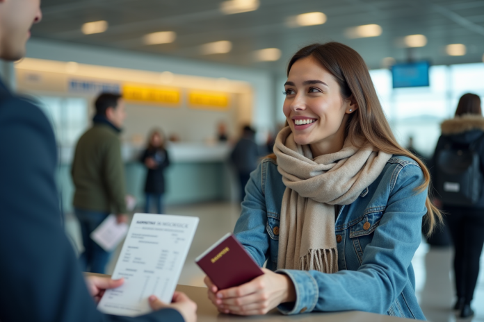 femme-aeroport-enregistrement Jeune femme à l'aéroport lors de l'enregistrement